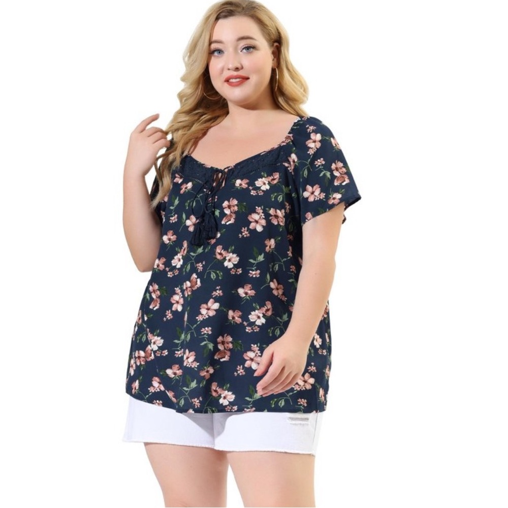 Floral Tassel Tie Sweetheart Neck Short Sleeve Hollow Casual Top